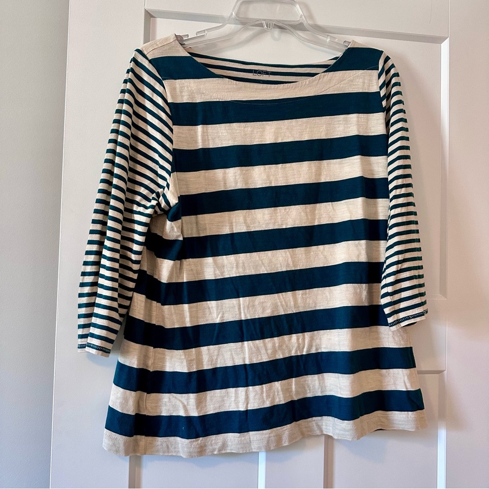 LOFT Teal & Cream Striped Boat Neck Top 3/4 Sleeve